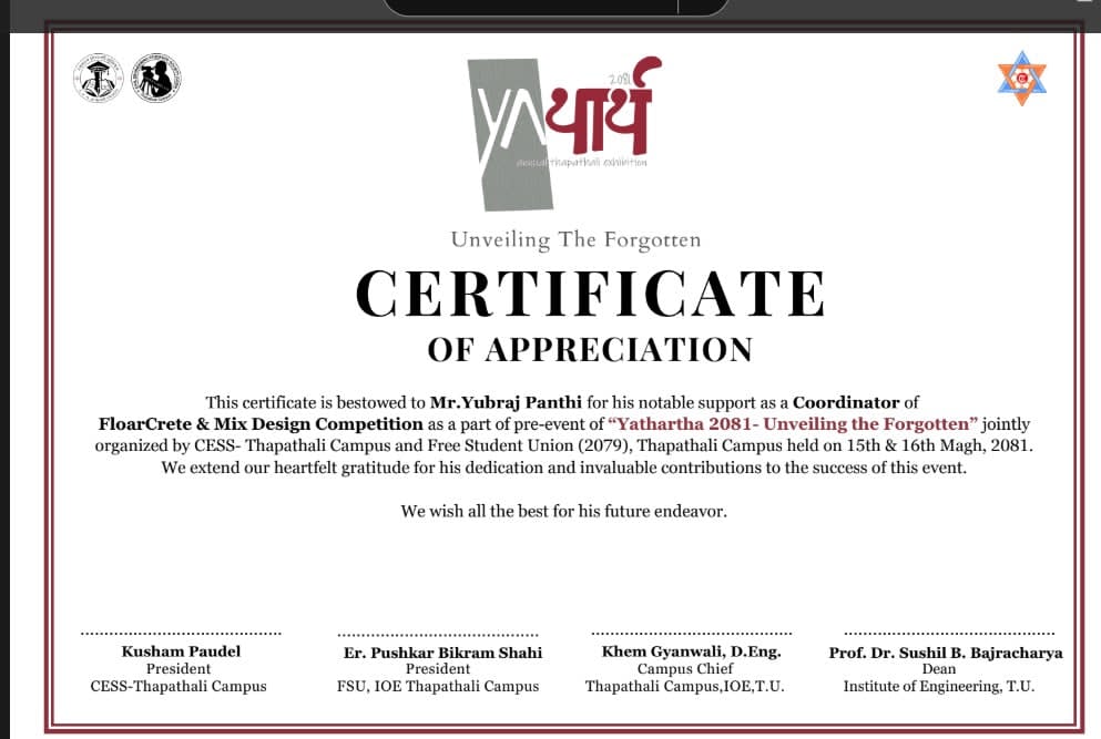 Certificate of Event Coordinator at Yathartha Tech Fest