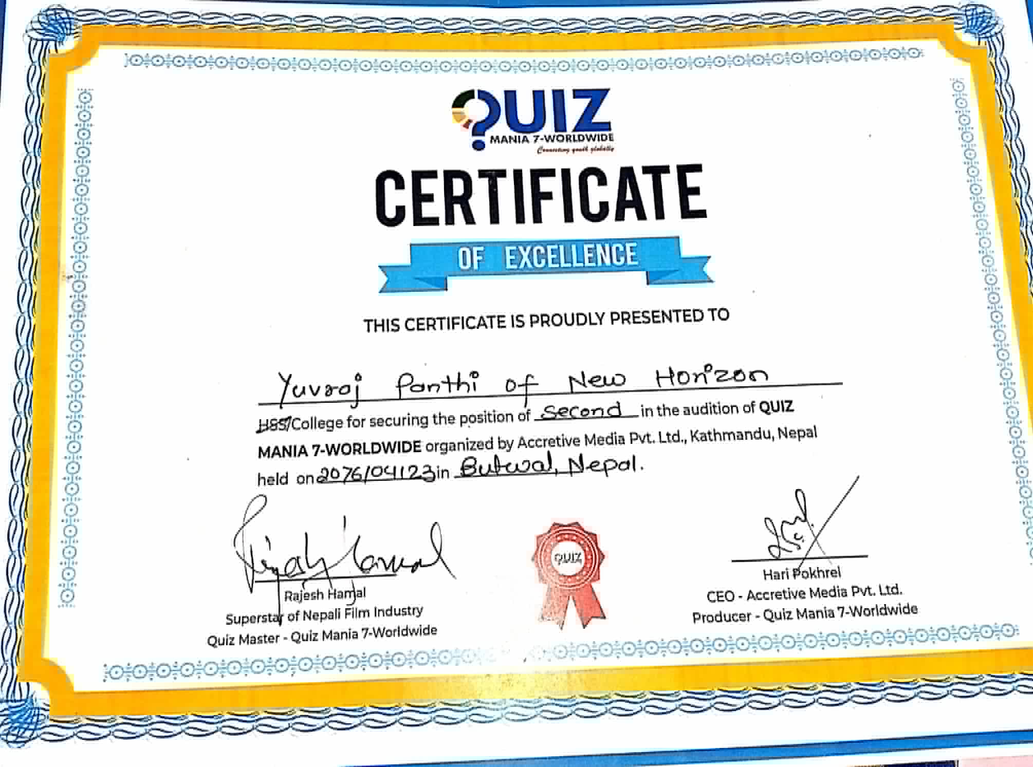 Certificate of Regional winner of International Competition